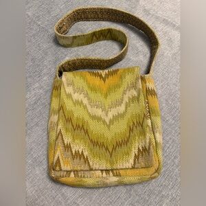 Crossbody Hippie Purse Bag Boho Green Gold 70’s Fabric Snap Pocket
